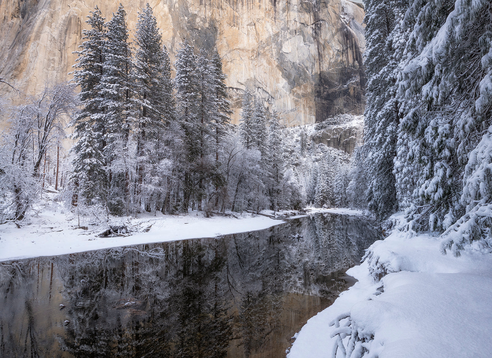 Snow-covered trees and mountains reflected in a calm lake by Franka Gabler